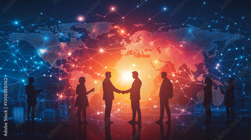 Poster Silhouette of business people shaking hands with a background of the world map and connected points of light