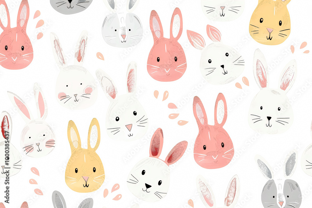 Poster bunch of rabbits with different colors and sizes. the rabbits are all smiling and looking at the cam