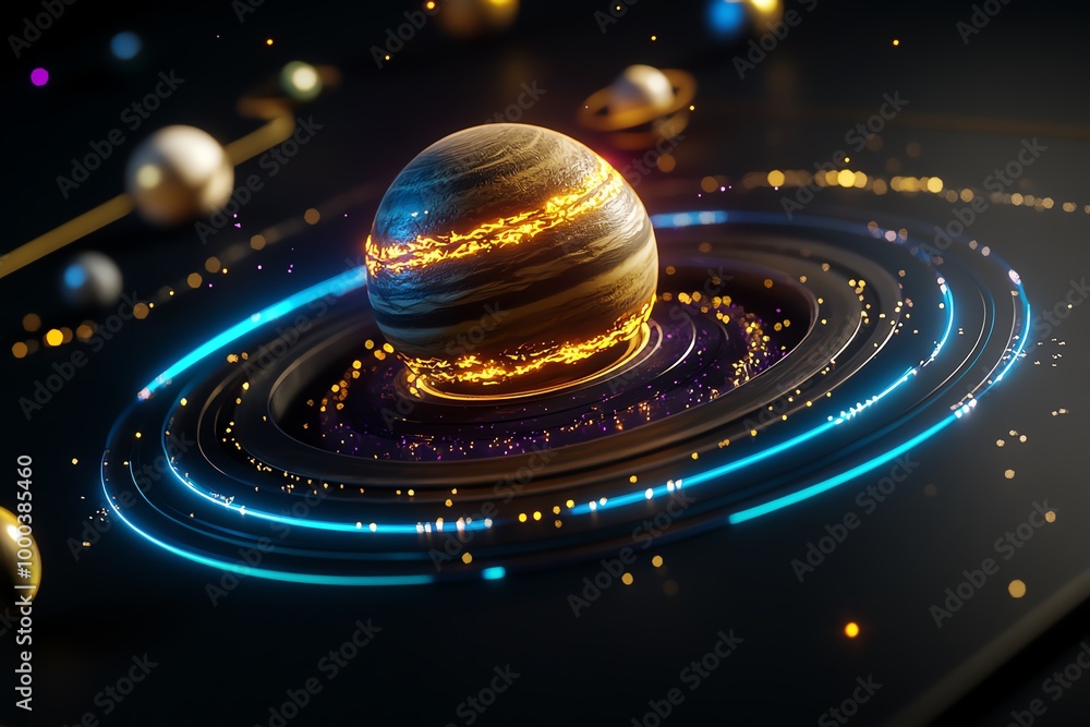 Poster 3d-rendered educational model of the solar system, where students can interact and rotate planets in