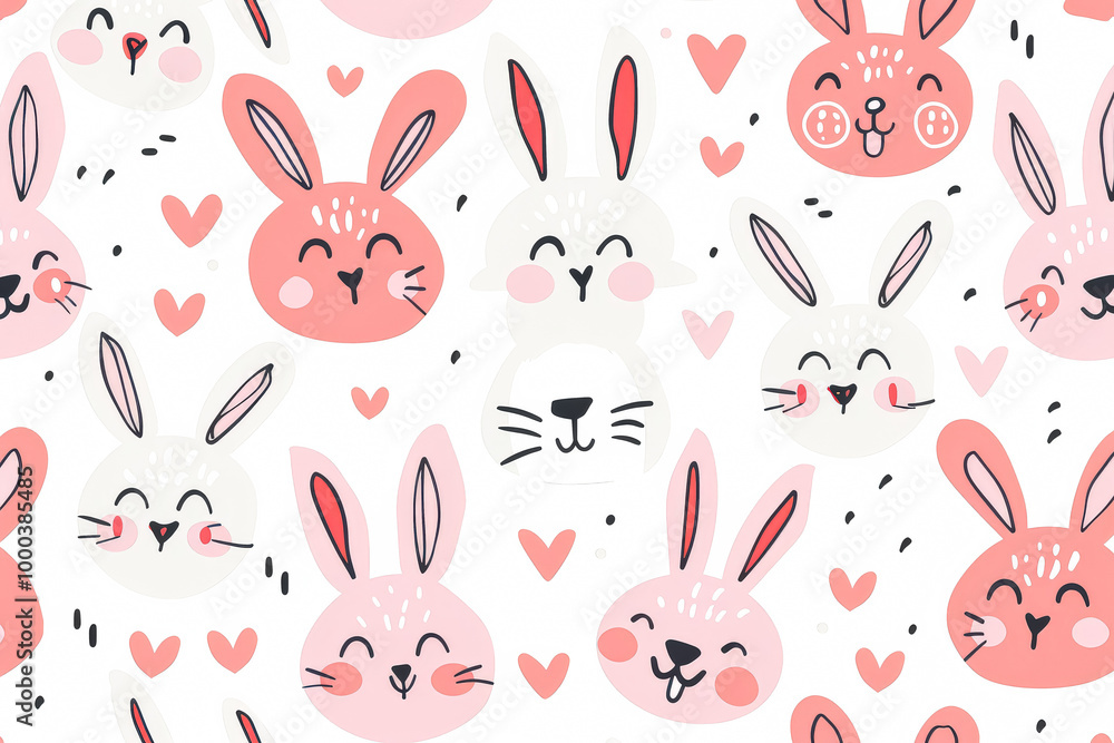 Poster bunch of rabbits with different colors and sizes. the rabbits are all smiling and looking at the cam