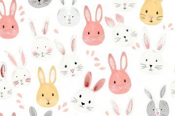 Bunch of rabbits with different colors and sizes. The rabbits are all smiling and looking at the camera