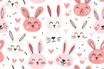 Bunch of rabbits with different colors and sizes. The rabbits are all smiling and looking at the camera