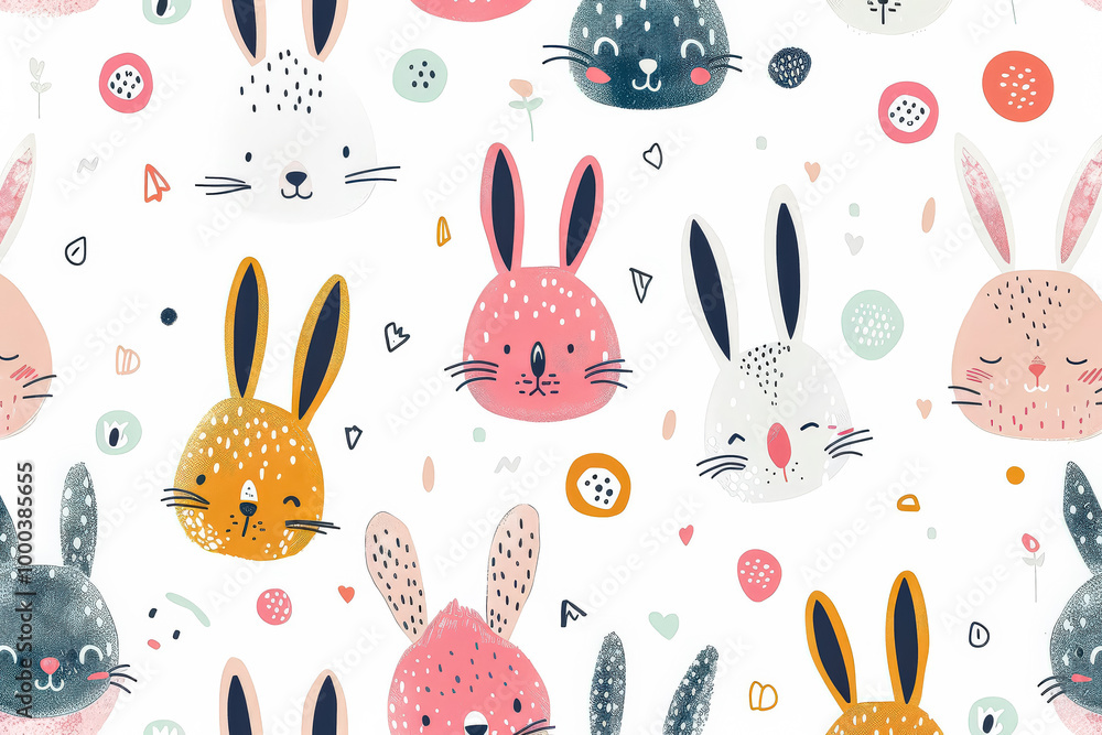 Poster bunch of rabbits with different colors and sizes. the rabbits are all smiling and looking at the cam