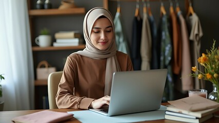A Muslim woman running an online clothing boutique from her home office, showcasing products while working on her laptop.