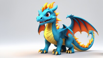 Fototapeta premium A vibrant blue dragon character with orange accents, designed for animation or gaming.