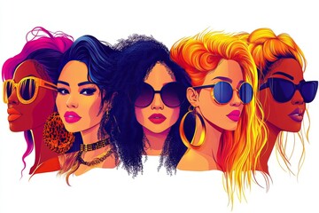 Naklejka premium Vibrant portrait of women in sunglasses with bold hairstyles symbolizing confidence style and self expression in a modern pop art inspired design