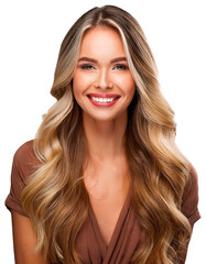 Naklejka premium A close-up of a woman with flowing blonde hair, her face radiant with a genuine smile, set against a transparent background.