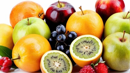 A vibrant assortment of fruits including apples, oranges, kiwis, and berries.