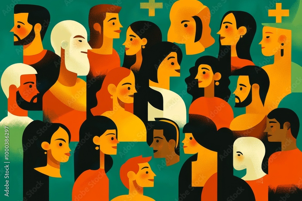 Poster abstract illustration of overlapping silhouettes in warm tones symbolizing unity identity and connec