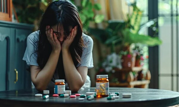Asian female addict, hiding her face in front of medication and a syringe, representing the struggle with substance abuse and depression.