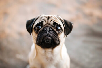 Fototapeta premium Cute pug dog in the park. Veterinary concept, pet store advertising banner