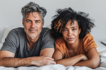middle-aged interracial couple lying on a bed, showcasing love, comfort, and intimacy in their relationship, surrounded by soft bedding