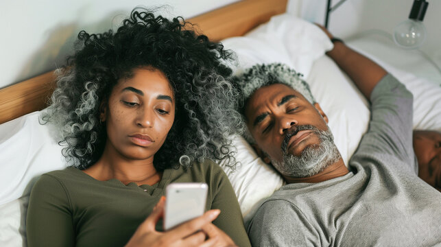  Afro-American couple lying in bed, the woman focused on her phone while the man is sleeping next to her. Emotional distance in the relationship