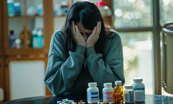 Depressed young woman with drug paraphernalia on the table, illustrating the pain of addiction and suicidal thoughts.