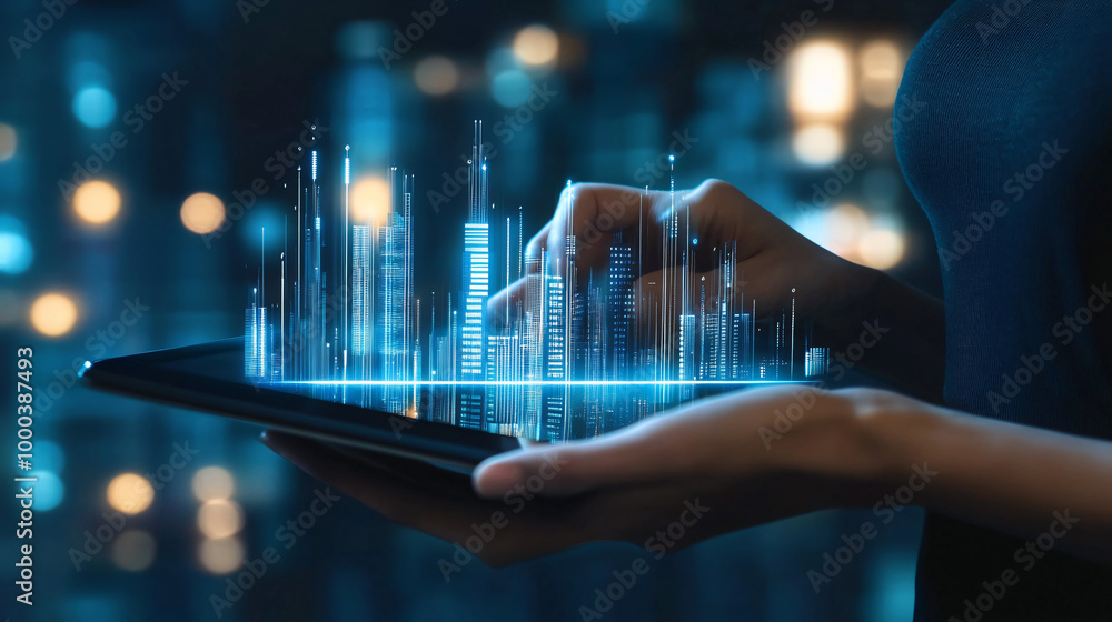 Poster architect using a digital tablet to interact with a futuristic 3d city model against a night citysca