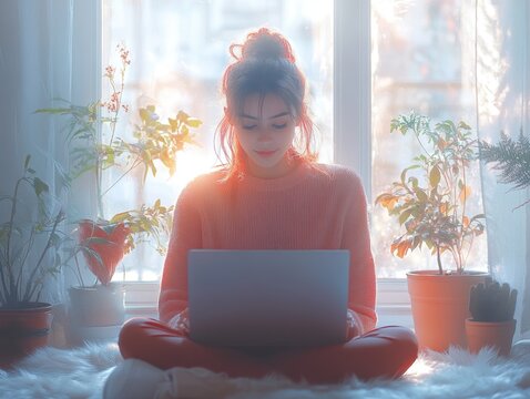 Woman sitting on a rug using a laptop