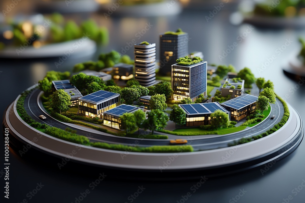 Poster 3d-rendered model of a sustainable city, where users can explore buildings powered by renewable ener