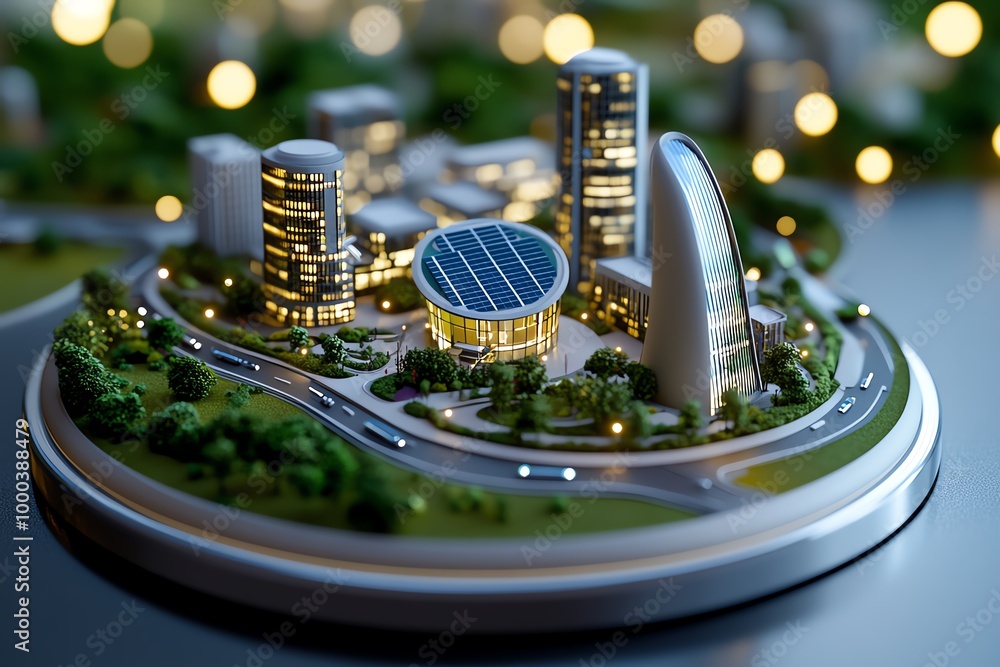 Poster 3d-rendered model of a sustainable city, where users can explore buildings powered by renewable ener