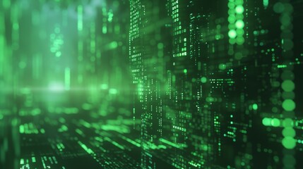 A futuristic digital background with glowing green data streams resembling the matrix. The abstract image conveys themes of technology, coding, and the digital universe.