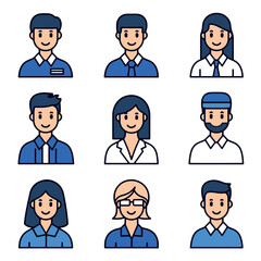A set of nine different avatars in a minimalist line art style with blue and white accents.