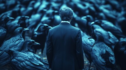 A man stands in front of a flock of black birds