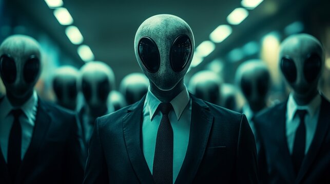 A group of men in suits and ties are wearing alien masks