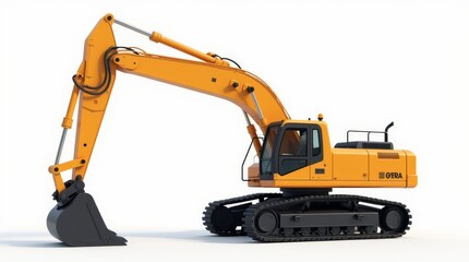 Yellow excavator isolated on a white background, a heavy construction machine with a hydraulic shovel and wheels