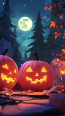 Fototapeta premium Jack-o'-lanterns glow in a spooky forest.