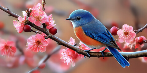 Bluebird Perched on Blooming Cherry Branch