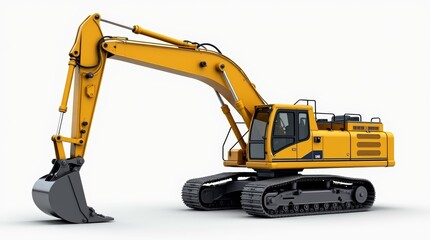 Yellow excavator isolated on a white background, a heavy construction machine with a hydraulic shovel and wheels