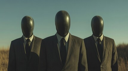 Three men in suits stand in a field, with one of them wearing a tie
