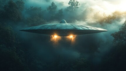 Obraz premium A large, silver, alien shaped spacecraft is flying through a forest