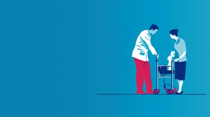 A clean and simple illustration shows medical staff helping a patient with a walker. The bold colors and minimalistic design highlight health care, support, and rehabilitation themes in a professional