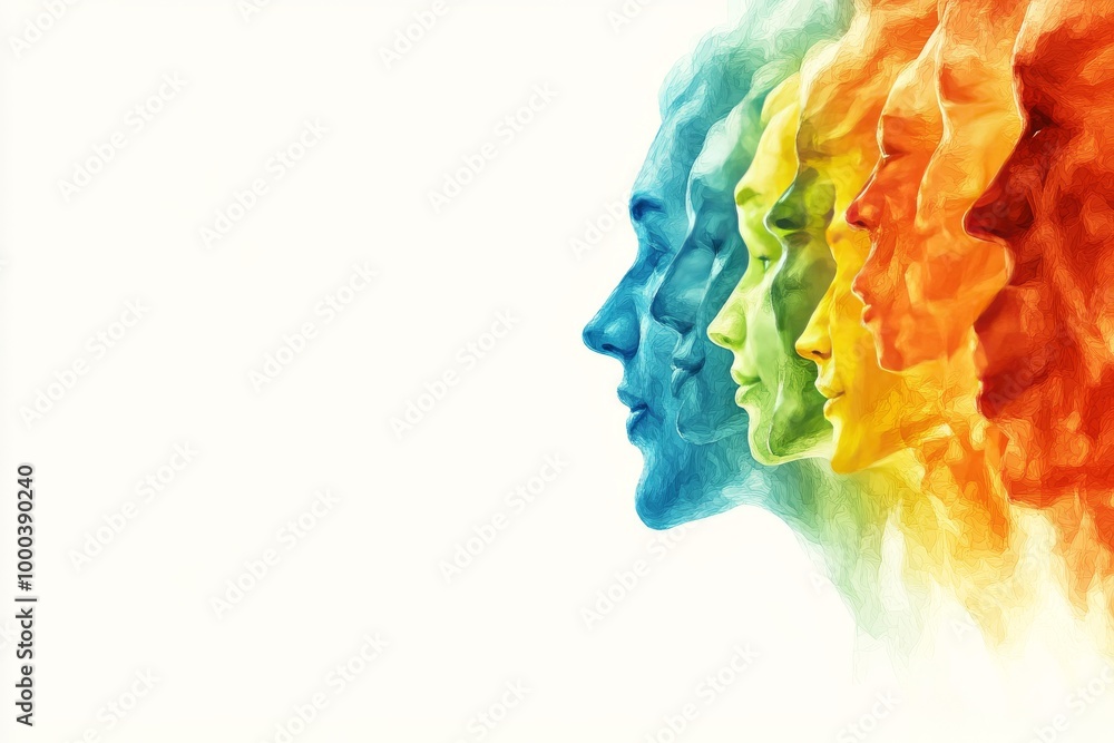 Poster abstract watercolor illustration of multiple faces blending into a colorful fluid design symbolizing