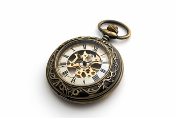 A vintage pocket watch with intricate engravings, isolated 