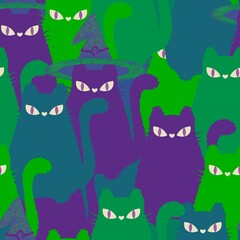 Halloween animals seamless cats witch pattern for wrapping paper