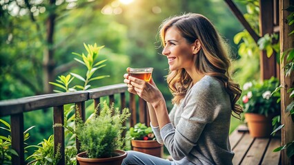 Herbal Tea Moment – A woman enjoying a cup of herbal tea on a wooden balcony with plants in the background.