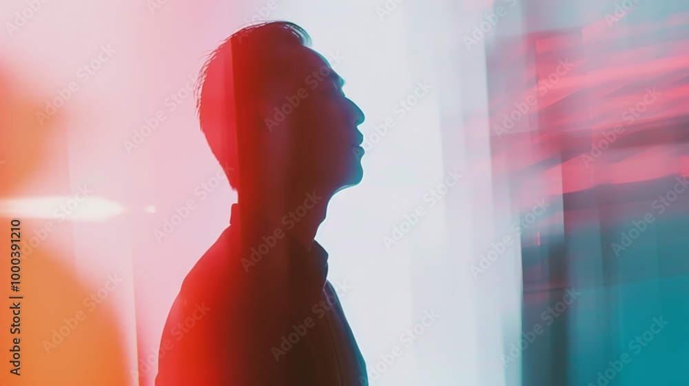 Poster a dynamic profile silhouette of a man with abstract red and pink lighting. the image conveys motion 