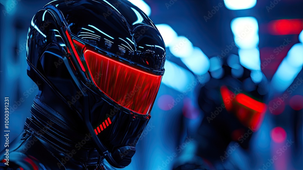 Poster futuristic robots with glowing visors in a neon-lit environment.