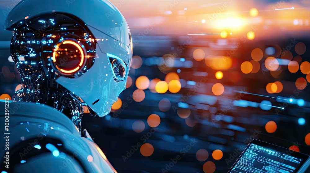 Poster futuristic robot interacting with digital interface in a vibrant cityscape.
