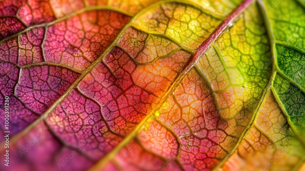Poster a close-up view of a multicolored leaf's veins and texture