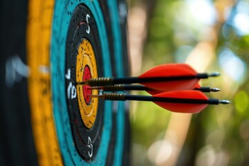 Three arrows are hitting the center of an archery target with a blurred forest in the background