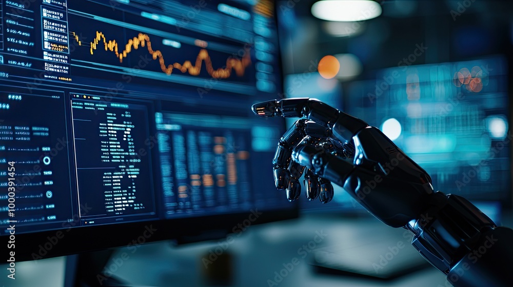 Poster robot hand interacting with digital data on screen, modern technology concept.