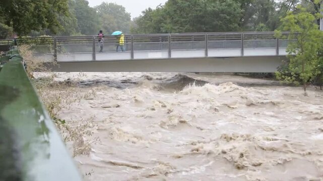 stormy streams under a pedestrian bridge.