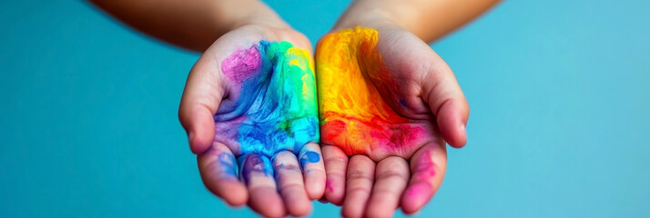 Human palms painted with colorful paint. Rare Disease Day. Horizontal banner. Copy space. Medicine and health concept. Genetic and hereditary significance