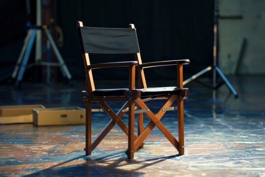 Classic director's chair sits on a sound stage, bathed in the warm glow of studio lights, ready for the action to begin
