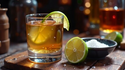Fototapeta premium realistic close-up of a tequila shot glass with a slice of fresh lemon and a small dish of salt 