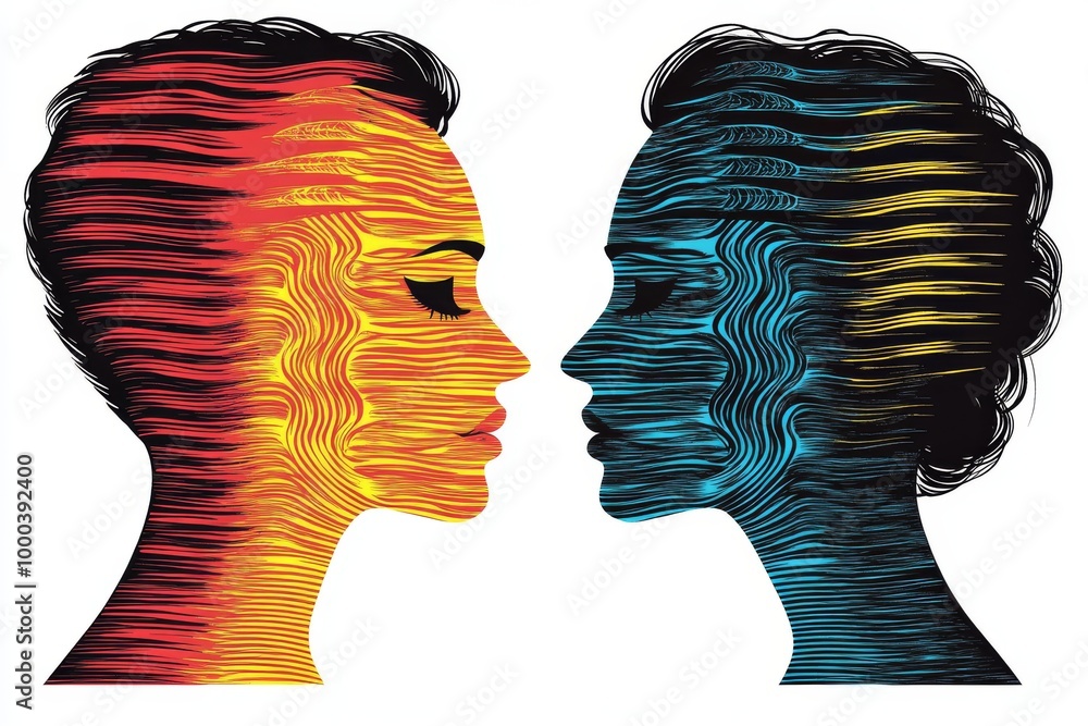 Poster abstract double portrait of two people facing each other with vibrant wavy lines symbolizing human c