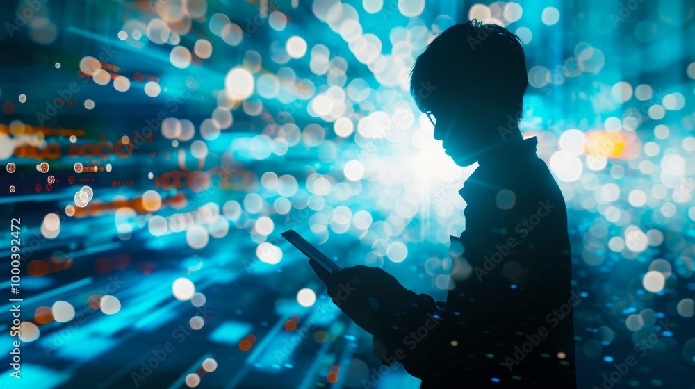 Poster a silhouetted individual holds a smartphone amidst a dazzling array of digital lights and abstract s