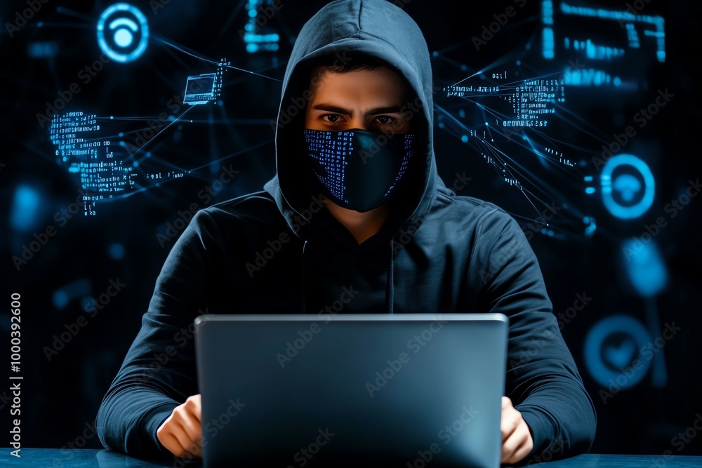 Poster Anonymous hacker behind a mask, with a laptop in front of them, surrounded by floating lines of code and digital data streams, creating a sense of mystery and intrigue